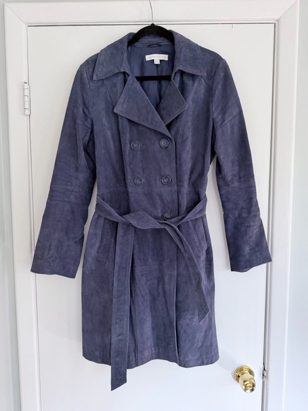 New York & Company Double-Breasted Blue Suede Trench Coat
